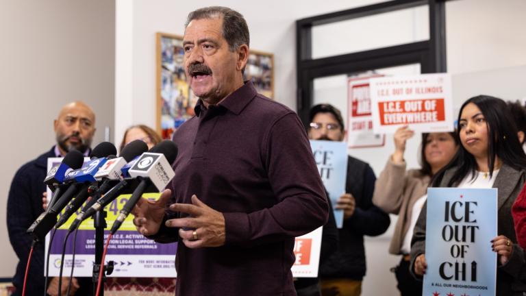 Congressman Jesus "Chuy" Garcia speaks during a press conference decrying federal agents use of force in Little Village on the Southwest Side of Chicago, Sunday, Nov. 9, 2025. (Candace Dane Chambers/Chicago Sun-Times via AP)