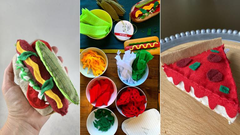 Felt food snacks like a Chicago-style hot dog and deep-dish pizza are sold on the pop-up shop Chef’s Kiss Co. (Courtesy of Rebecca Skoch)