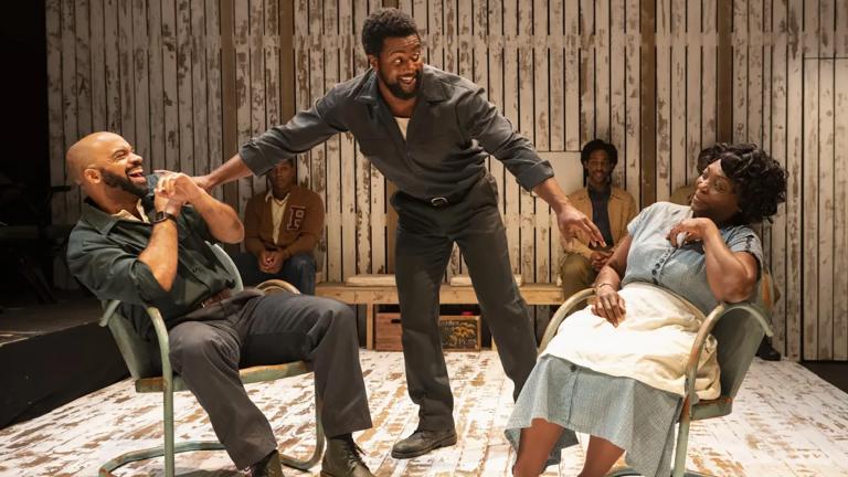 From left, Martel Manning as Jim, Kamal Angelo Bolden as Troy and Shanésia Davis as Rose in “Fences” at American Blues Theater. (Credit: Michael Brosilow)