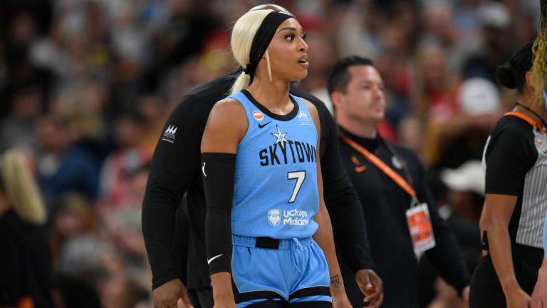 Chicago Sky's DiJonai Carrington walks off the court ejected from the game for committing a flagrant foul against Indiana Fever's Sophie Cunningham during the first half of an WNBA basketball game in Chicago, Saturday, Aug. 8, 2026. (AP Photo / Paul Beaty)