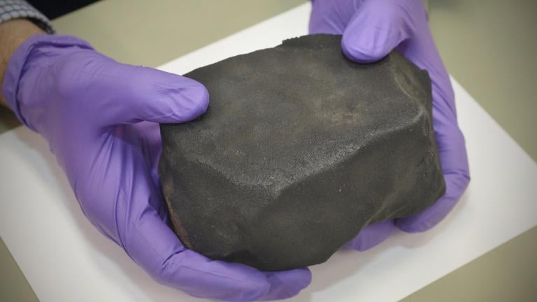 A 4-pound piece of a meteorite that struck Costa Rica earlier this year was handed over to the Field Museum on Oct. 7, 2019. (John Weinstein / Field Museum) 