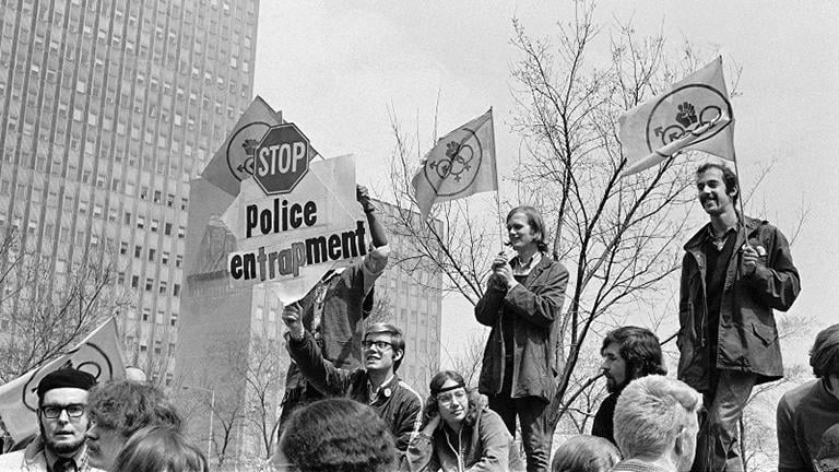 Close-up of protesters at gay-liberation rally in Grant Park, April 1970. (Margaret Olin)