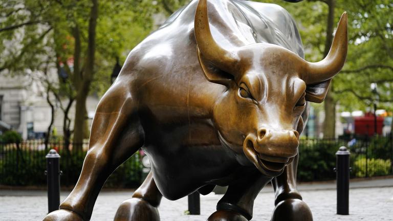 The Charging Bull statue is shown in New York’s financial district, Tuesday, Sept. 8, 2020. More sharp declines for big tech stocks are dragging Wall Street toward a third straight loss on Tuesday. (AP Photo / Mark Lennihan)