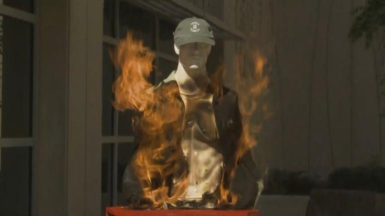 Firefighters hold a demonstration on July 1, 2025, showing the dangers of sparklers. (WTTW News)