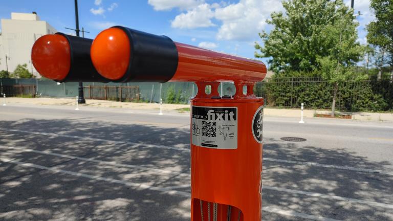 A Dero Fixit bike repair station near Milwaukee and Kilpatrick avenues in Portage Park. (Erica Gunderson / WTTW News)