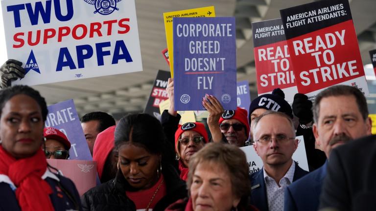 Flight attendants and supporters protest at O’Hare International Airport in Chicago, Tuesday, Feb. 13, 2024. (AP Photo / Nam Y. Huh)