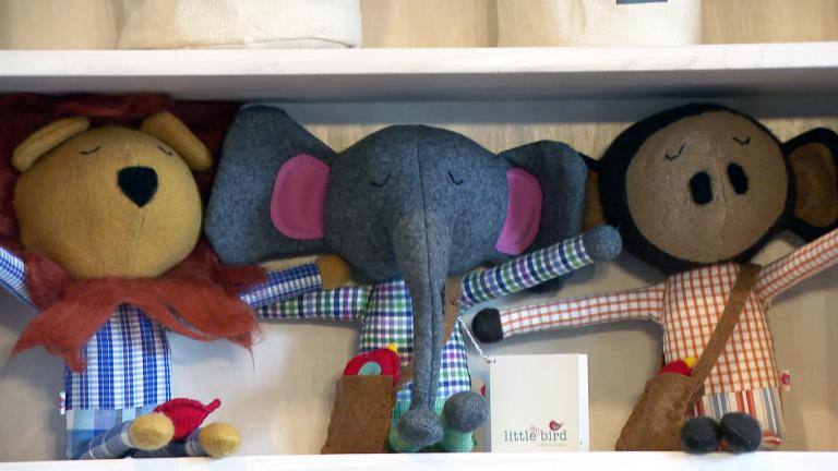 Fly Little Bird’s stuffies come in either woodland, farm, or circus themes ranging from elephants to cows. (WTTW News)