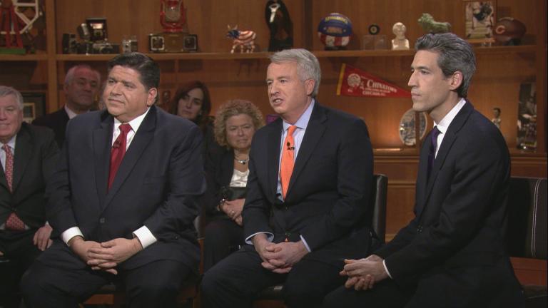 Candidates J.B. Pritzker, left, Chris Kennedy, center, and Daniel Biss appear on “Chicago Tonight” on March 14, 2018.