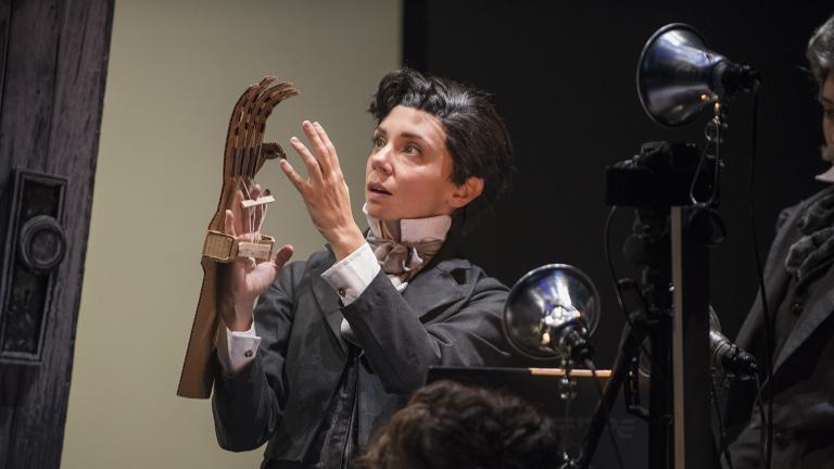 Sarah Fornace in “Frankenstein” by Manual Cinema at Court Theatre. (Photo by Michael Brosilow)
