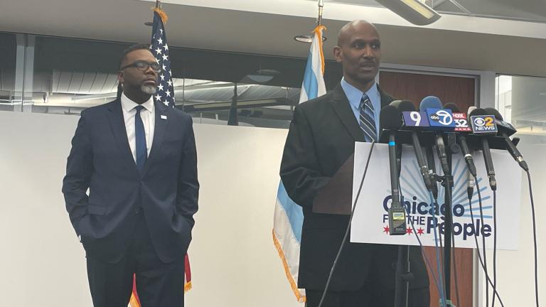 Fred Waller is introduced as Mayor-elect Brandon Johnson’s choice for interim superintendent of the Chicago Police Department on May 3, 2023. (Heather Cherone / WTTW News)