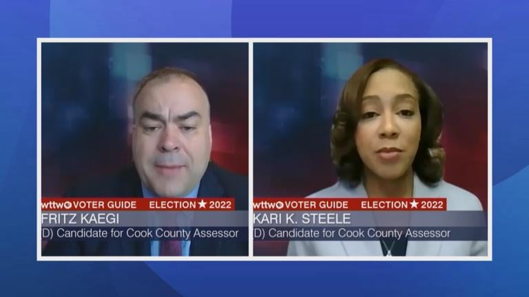 A composite image of the candidates for Cook County assessor, incumbent Fritz Kaegi and challenger Kari Steele. (WTTW News graphic)