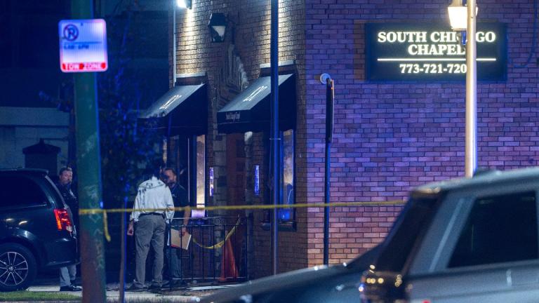 Chicago police investigate South Chicago Chapel after authorities discovered dozens of decomposing bodies in the funeral home's basement on Thursday, Aug. 6, 2026. (Tyler Pasciak LaRiviere / Chicago Sun-Times via AP)