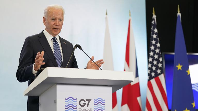 President Joe Biden speaks during a news conference after attending the G-7 summit, Sunday, June 13, 2021, at Cornwall Airport in Newquay, England. (AP Photo / Patrick Semansky)