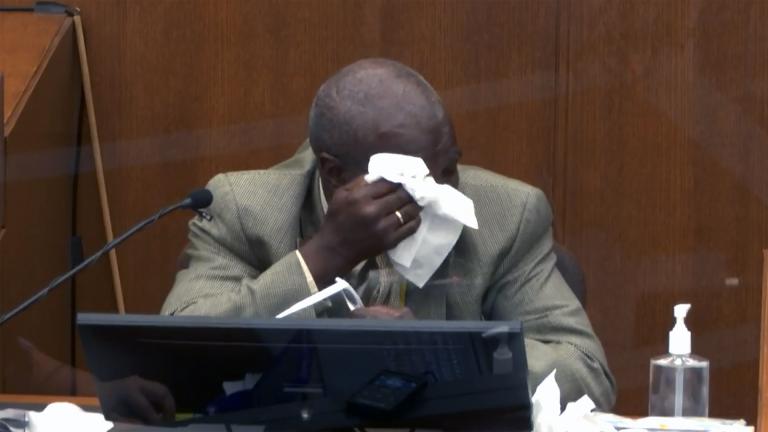 Charles McMillian becomes emotional as he answers questions at the trial of former Minneapolis police Officer Derek Chauvin in the Hennepin County Courthouse in Minneapolis, Minn. Chauvin is charged in the May 25, 2020 death of George Floyd. (Court TV via AP, Pool, File)