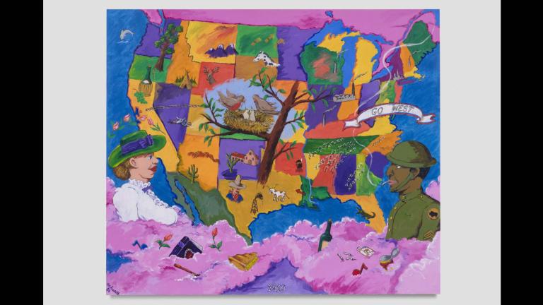 GO WEST, 1980, acrylic on canvas, 71 3/4 x 83 7/8 inches © 2021 The Robert H. Colescott Separate Property Trust / Artists Rights Society (ARS), New York. Courtesy of The Robert H. Colescott Separate Property Trust and Blum & Poe, Los Angeles/New York/Tokyo (Photo Credit: Joshua White)