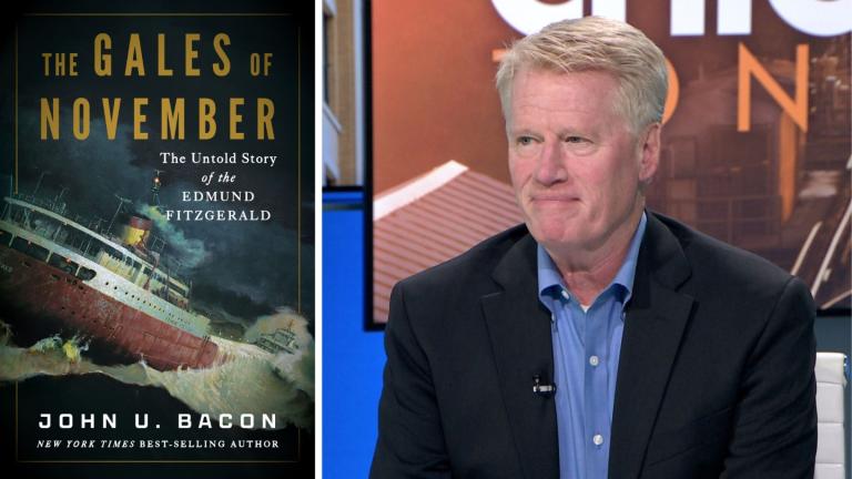 Left: The cover of “The Gales of November: The Untold Story of the Edmund Fitzgerald.” (Provided) Right: Author John U. Bacon appears on “Chicago Tonight” on Oct. 16, 2025. (WTTW News)