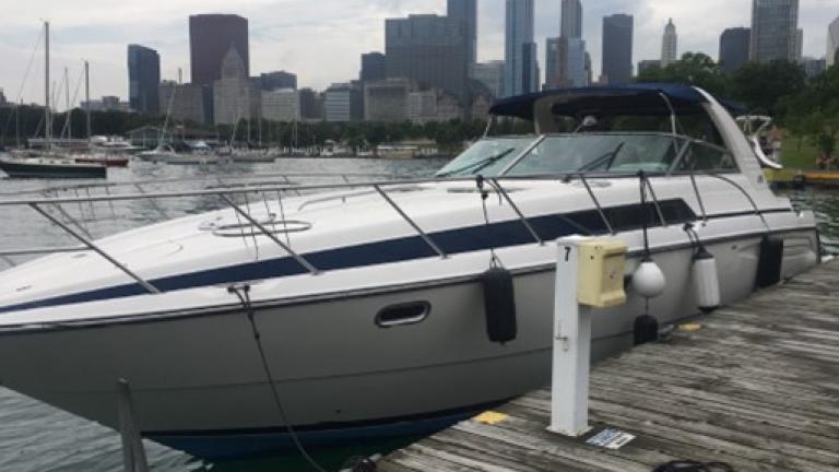 A 40-foot powerboat known as “Sea Hawk” and “Anchorman” allegedly used by Christopher Mike Garbowski to run illegal charter voyages along the Chicago River and Lake Michigan. Garbowski was sentenced this week to one year in federal prison. (U.S. Attorney’s Office)