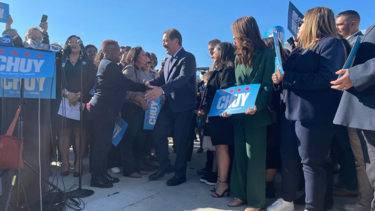 U.S. Rep. Jesus "Chuy" Garcia greets supporters before launching a campaign for mayor of Chicago. (Heather Cherone / WTTW News)
