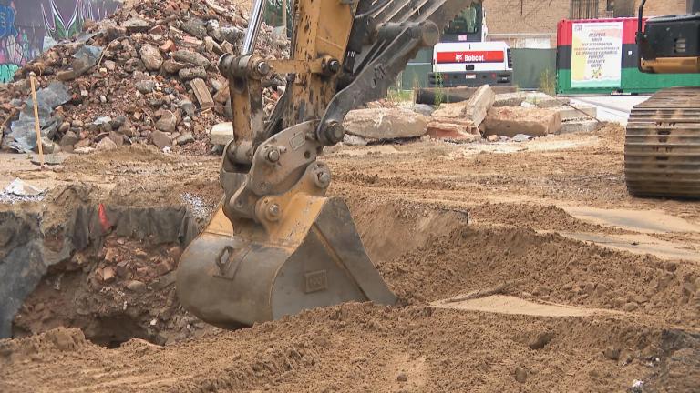 Construction is underway at the Garfield Park Community Plaza on Aug. 11, 2023. (WTTW News)