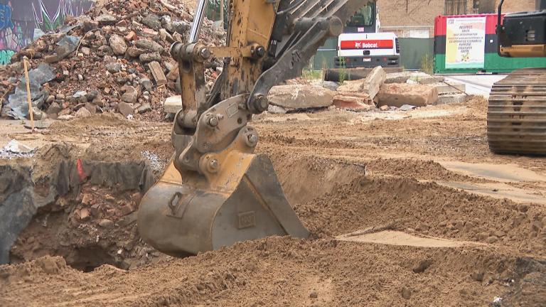 Construction is underway at the Garfield Park Community Plaza on Aug. 11, 2023. (WTTW News)