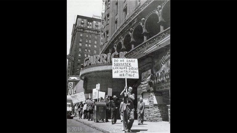 A protest outside Garrick Theater c. 1960 (Richard Nickel / Art Institute of Chicago)