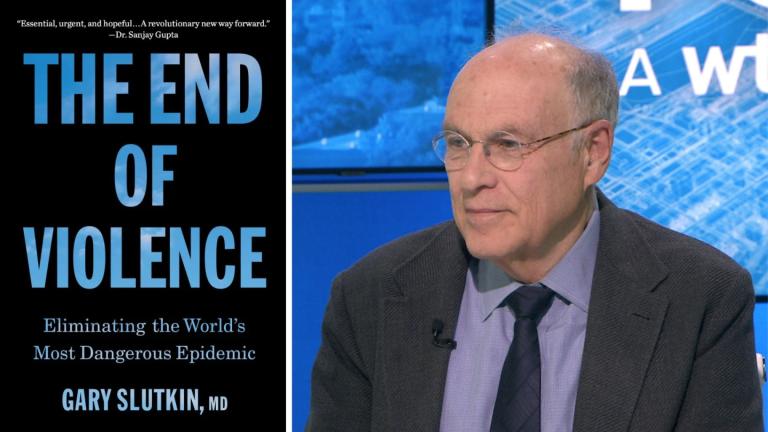 Left: “The End of Violence: Eliminating the World’s Most Dangerous Epidemic” book cover. (Provided) Right: Gary Slutkin appears on “Chicago Tonight” on May 11, 2026. (WTTW News)
