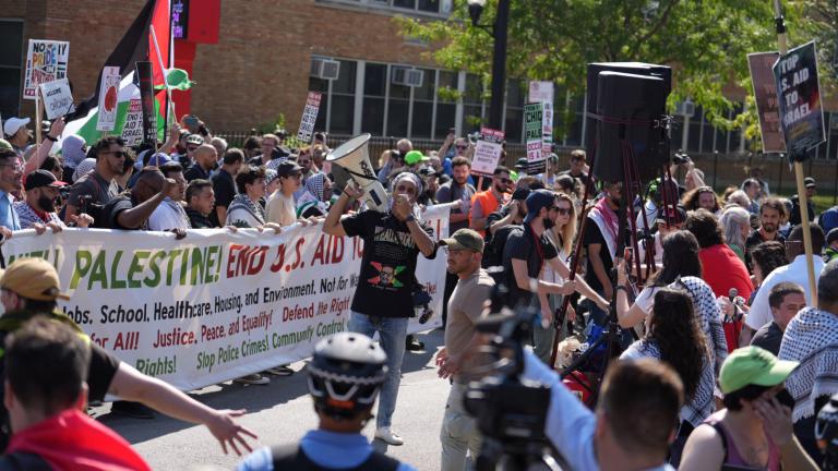  Thousands protest U.S. support of Israel during the war in Gaza near the site of the DNC on Aug. 19, 2024. (Emily Soto / WTTW News)