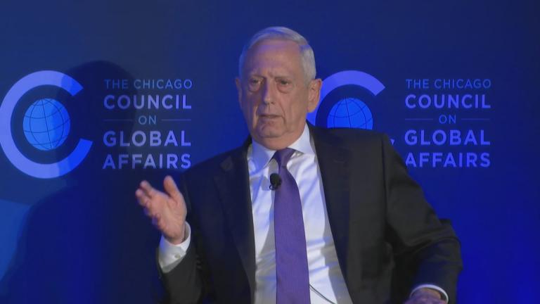 Gen. Jim Mattis speaks at a Chicago Council on Global Affairs event at the Hilton Chicago on Wednesday, Sept. 11, 2019. (WTTW News)