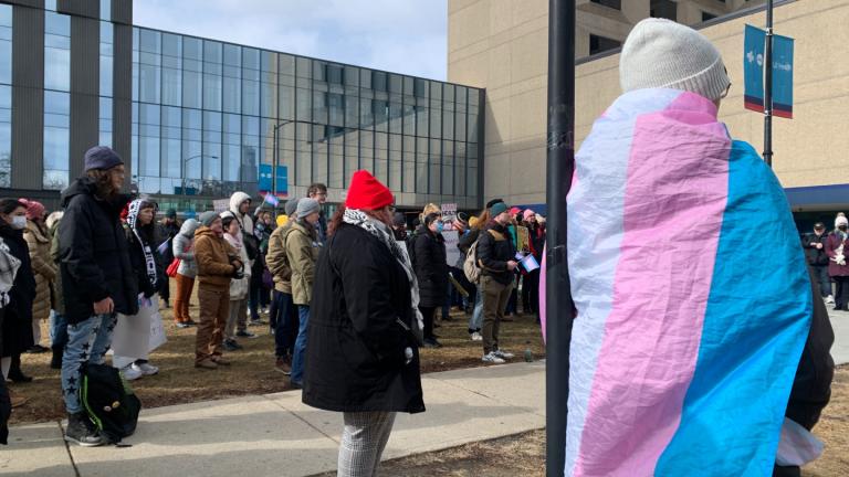 Protesters in support of gender-affirming health care gather at the University of Illinois Hospital on the Near West Side on Feb. 6, 2025. (Eunice Alpasan / WTTW News)