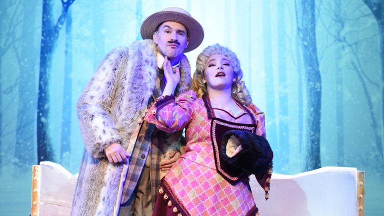 Matt Crowle and Rachel Klippel in Porchlight Music Theatre’s production of “A Gentleman’s Guide to Love & Murder.” (Photo by Michael Courier)