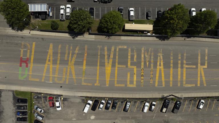 A Black Lives Matter mural painted by Thaxton Waters II is seen in an aerial view on Thursday, May 22, 2025, in Nashville, Tenn. (AP Photo/Kevin Wurm)