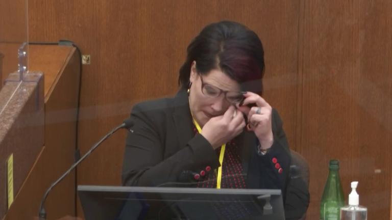 In this image from video, witness Courteney Ross answers questions as Hennepin County Judge Peter Cahill presides Thursday, April 1, 2021, in the trial of former Minneapolis police Officer Derek Chauvin at the Hennepin County Courthouse in Minneapolis, Minn. (Court TV via AP, Pool)