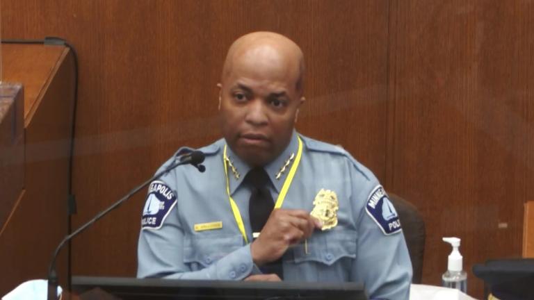 In this image from video, witness Minneapolis Police Chief Medaria Arradondo testifies as Hennepin County Judge Peter Cahill presides Monday, April 5, 2021, in the trial of former Minneapolis police Officer Derek Chauvin at the Hennepin County Courthouse in Minneapolis. (Court TV via AP, Pool)