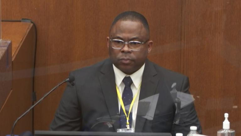 In this image from video, witness Jody Stiger, a Los Angeles Police Department sergeant testifies as Hennepin County Judge Peter Cahill presides Wednesday, April 7, 2021, in the trial of former Minneapolis police Officer Derek Chauvin at the Hennepin County Courthouse in Minneapolis. (Court TV via AP, Pool)