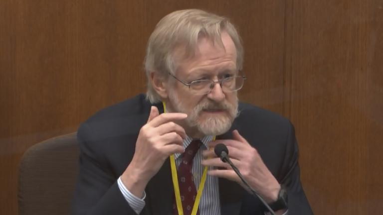 In this image from video, Dr. Martin Tobin testifies as Hennepin County Judge Peter Cahill presides Thursday, April 8, 2021, in the trial of former Minneapolis police Officer Derek Chauvin at the Hennepin County Courthouse in Minneapolis, Minn. (Court TV via AP, Pool)