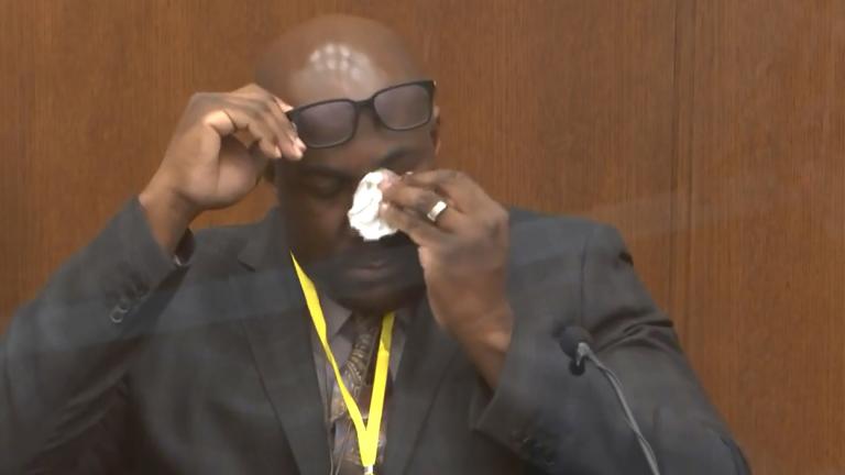 In this image from video, Philonise Floyd, brother of George Floyd, becomes emotional as he testifies as Hennepin County Judge Peter Cahill presides over court Monday, April 12, 2021, in the trial of former Minneapolis police Officer Derek Chauvin, in the May 25, 2020, death of George Floyd at the Hennepin County Courthouse in Minneapolis, Minn. (Court TV via AP, Pool)