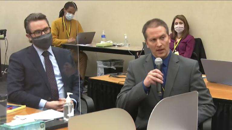In this image from video, defense attorney Eric Nelson, left, and defendant, former Minneapolis police officer Derek Chauvin address Hennepin County Judge Peter Cahill during motions before the court Thursday, April 15, 2021, in the trial of Chauvin, at the Hennepin County Courthouse in Minneapolis. (Court TV via AP, Pool)