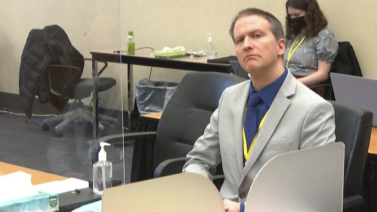 In this image from video, former Minneapolis police Officer Derek Chauvin listens as his defense attorney Eric Nelson gives closing arguments as Hennepin County Judge Peter Cahill preside Monday, April 19, 2021, in the trial of Chauvin at the Hennepin County Courthouse in Minneapolis. (Court TV via AP, Pool)