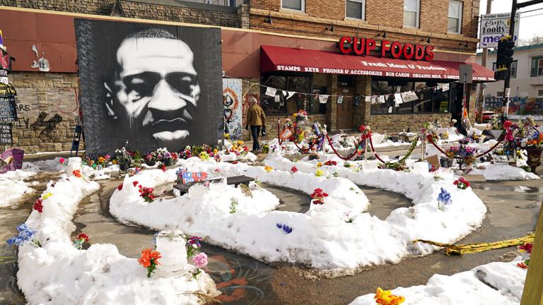 George Floyd Square is shown on Feb. 8, 2021, in Minneapolis. Ten months after police officers brushed off George Floyd's moans for help on the street outside a south Minneapolis grocery, the square remains a makeshift memorial for Floyd who died at the hand of police making an arrest. The trial of former Minneapolis police officer Derek Chauvin will begin with jury selection on March 8. (AP Photo / Jim Mone)