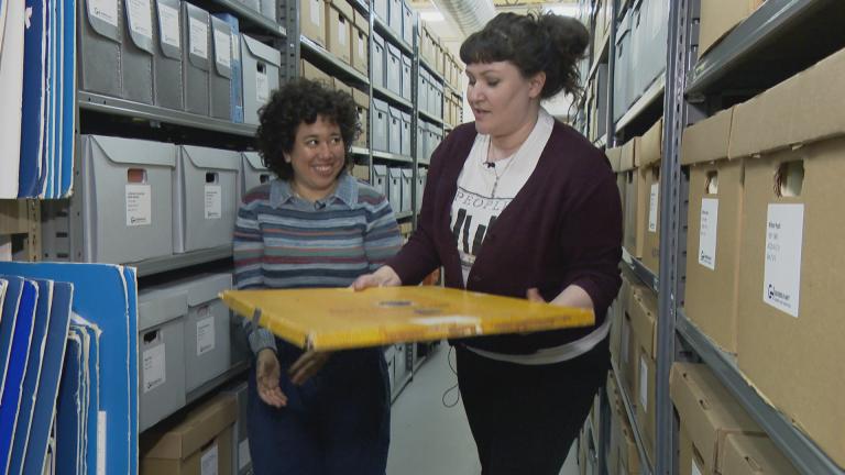 Ariel Mejia, left, and Jen Dentel are co-creator of the “Unboxing Queer History” podcast. (WTTW News)