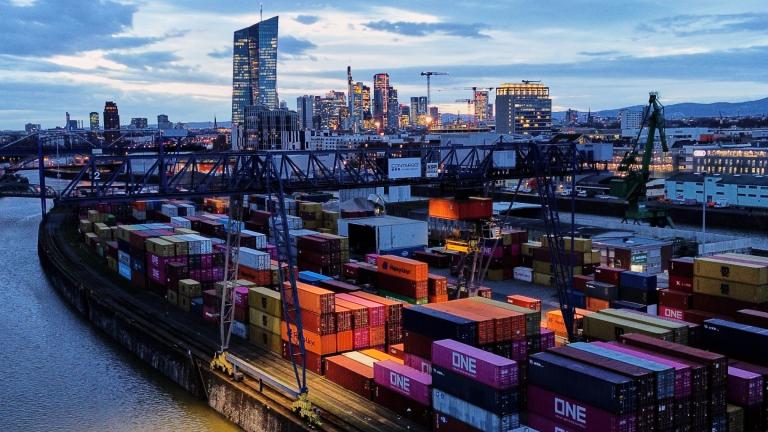 Containers are stored in a cargo terminal in Frankfurt, Germany, Monday, Feb. 23, 2026. (AP Photo / Michael Probst)