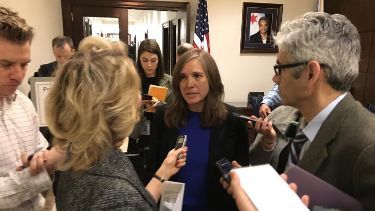 Presumptive Chicago Department of Transportation Commissioner Gia Biagi speaks with reporters at City Hall after the City Council’s Transportation Committee advanced her nomination on Tuesday, Jan. 7, 2020. (Nick Blumberg / WTTW News)