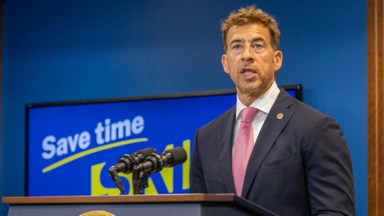 Illinois Secretary of State Alexi Giannoulias speaks to reporters at a July 27, 2023, news conference announcing that several driver services facilities will begin requiring appointments in the fall. (Andrew Adams / Capitol News Illinois)