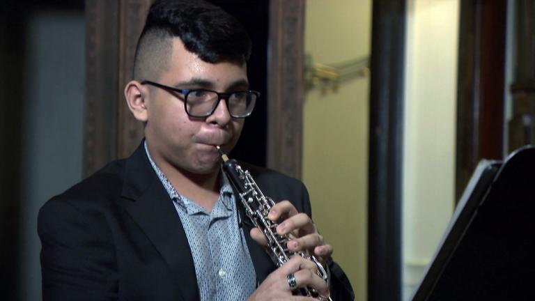Giovani Ibarra, 14, of Little Village, performs Camille Saint-Saens’ Oboe Sonata in D Major on Feb. 1, 2021. (WTTW News)