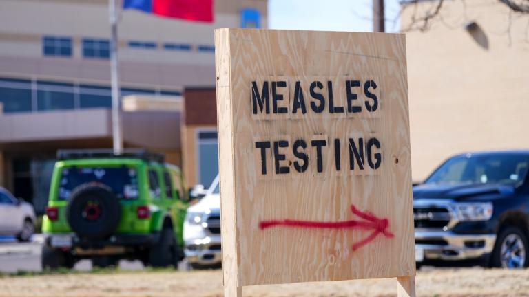 FILE - A sign is displayed outside the Seminole Hospital District offering measles testing, Feb. 21, 2025, in Seminole, Texas. (AP Photo / Julio Cortez, File)
