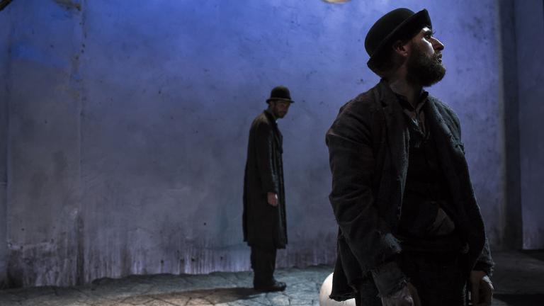 Marty Rea as Vladimir and Aaron Monaghan as Estragon in Druid theatre company’s “Waiting for Godot” at Chicago Shakespeare Theater. (Photo by Matthew Thompson)