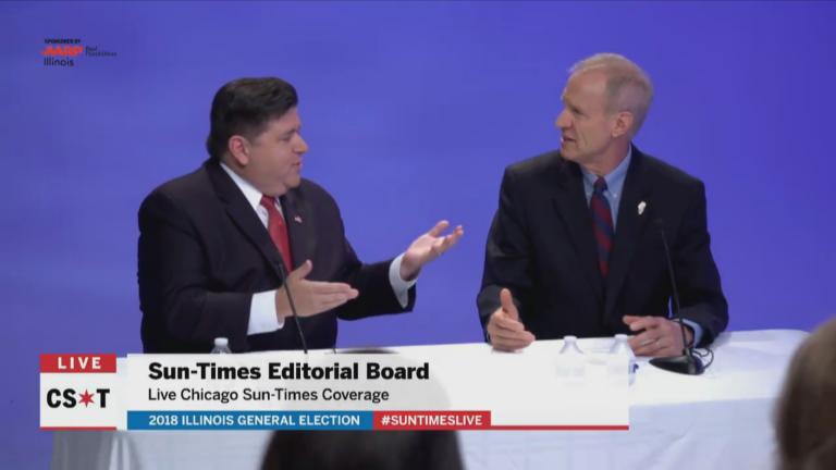 JB Pritzker, left, and Gov. Bruce Rauner appear in a debate before the Chicago Sun-Times editorial board Tuesday, Oct. 9, 2018.