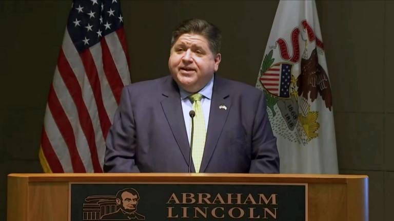 Gov. J.B. Pritzker announces a new campaign to encourage travel and tourism in Illinois on Wednesday, May 12. (WTTW News via Governor’s Press Office)
