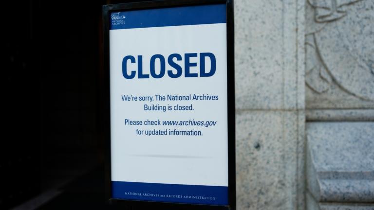 A closed sign stands in front of the National Archives on the first day of a government shutdown, Wednesday, Oct. 1, 2025, in Washington. (AP Photo/Julia Demaree Nikhinson)