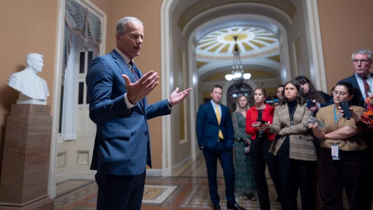 Senate Majority Leader John Thune, R-S.D., speaks to reporters after final Senate passage of the stopgap funding bill to reopen the government through Jan. 30, at the Capitol in Washington, Monday evening, Nov. 10, 2025. (AP Photo / J. Scott Applewhite)